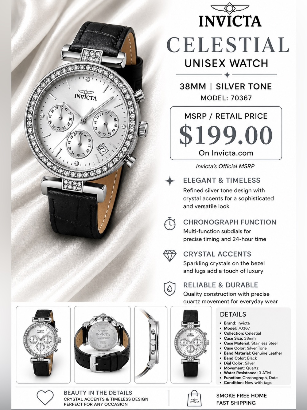 (NIB) Invicta Celestial 70367 Women’s Watch – 38mm Silver Tone & Black